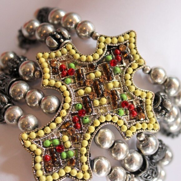 Bohemian Multicolor Crystal Beaded Cross Silver Chunky Wide Stretch Bracelet NWT - Picture 6 of 9